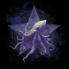 Wall Mural - Intricate design of a purple octopus within a cosmic starburst.