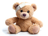 Teddy bear with bandage isolated on white background.
