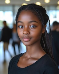 a young woman with dark hair and a black shirt is smiling at the camera