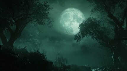 Wall Mural - haunted forest illuminated by a large, haunting moon.