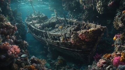 Wall Mural - a hauntingly beautiful shipwreck rests on the ocean floor, covered in coral and marine life