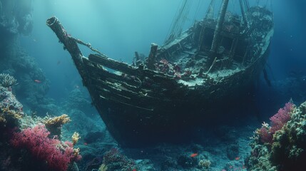 Wall Mural - a hauntingly beautiful shipwreck rests on the ocean floor, covered in coral and marine life