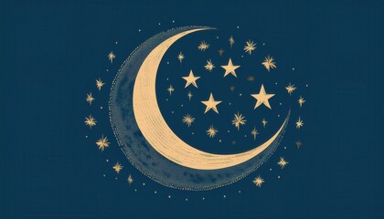 Poster -  gold crescent moon with glowing stars on dark blue sky background for ramadan theme, perfect for web design, print, or spiritual branding