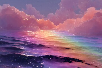 Holographic rainbow pastel background with watercolor effect and grainy texture, creating a dreamlike and ethereal atmosphere with subtle purple and blue hues.