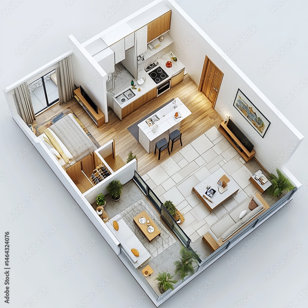 3d floor plan rendering for One bedroom ,kitchen, living , and Bathroom ...