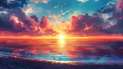 Wall Mural - magical ocean sunset, where the warm, golden sun sinks below the horizon, casting vibrant colors acr