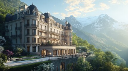 Wall Mural - majestic hotel building set against a mountainous backdrop, with an elegant and sophisticated design