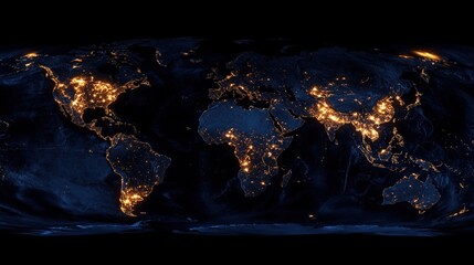 Wall Mural - map of earth from space at night, with bright city lights scattered across continents and dark ocean