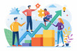 © Alina - Business teamwork concept illustration featuring a diverse group of professionals discussing strategy in front of a colorful puzzle board with infographic elements like graphs, pie charts, and gears.