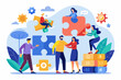 © Alina - Business teamwork concept illustration featuring a diverse group of professionals discussing strategy in front of a colorful puzzle board with infographic elements like graphs, pie charts, and gears.