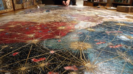 Wall Mural - large, detailed cosmic map covering a wooden table.
