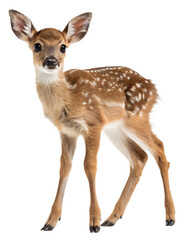 full length portrait of a roe deer fawn standing on transparent background