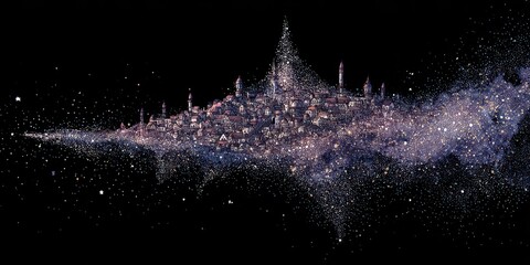 Wall Mural - cosmic city floating in a vast dark space.