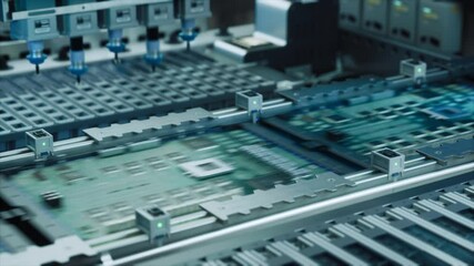 Fototapete - Close Up Macro Footage of Electronic Printed Circuit Board Being Assembled with Automated Robotic Arm, Surface Mounted Technology Connecting Microchips, Semiconductors, Capacitors to the Motherboard