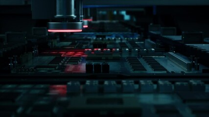 Fototapete - Innovative Manufacturing Factory with Industrial Robots Producing Circuit Boards in a High-Tech Automated Factory. Advanced Facility Building Microelectronics Components with PCB Prototyping Machines