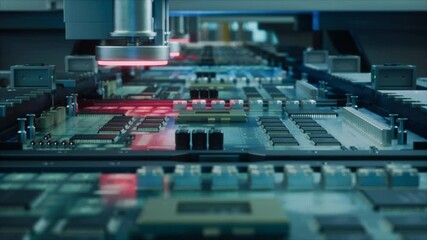 Fototapete - Factory Machine at Work: Printed Circuit Board Being Assembled with Automated Machinery, Surface Mounted Technology Connecting Microchips to the Motherboard. Industrial Macro Close Up Footage