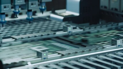 Fototapete - Industrial Robots Producing Circuit Boards on a Conveyor Belt, Implementing Electronic Components. Automation Without Technicians and Engineers in a Futuristic Manufacturing Facility