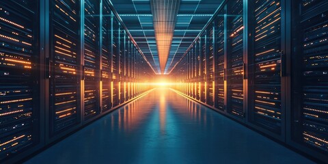 Leinwandbilder - Expansive View of a Modern Data Center with Illuminated Server Racks and a Bright Light at the End of the Corridor