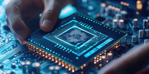 Leinwandbilder - Close-up of a person's hand holding a computer microchip over a circuit board, highlighting intricate electronic components and technology details