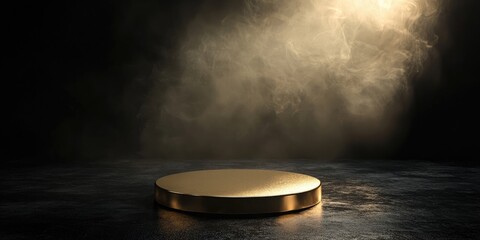 Aufkleber - Golden Circular Platform on Dark Background with Dramatic Lighting and Soft Smoke, Ideal for Product Displays and Creative Concepts