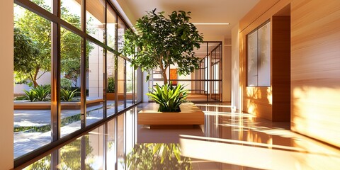 Poster - Bright and Spacious Minimalist Interior Design with Large Windows and Reflective Floor in Modern Architecture Setting