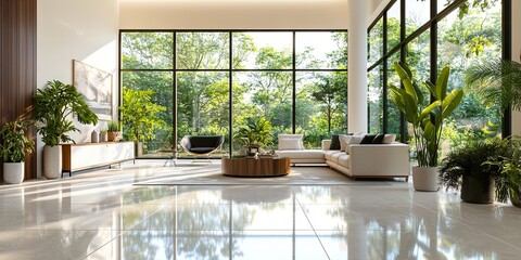 Poster - Bright and Spacious Minimalist Interior Design with Large Windows and Reflective Floor in Modern Architecture Setting
