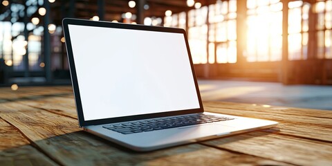 Fototapete - Blank Laptop Screen on Rustic Wooden Table in Abandoned Industrial Space with Large Windows and Dramatic Natural Light Filtered In