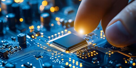 Aufkleber - a person s hand holding a computer microchip over a circuit board, highlighting intricate electronic components and technology details