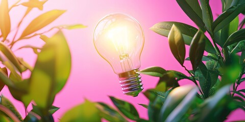 Aufkleber - Illuminated Light Bulb Surrounded by Green Leaves on a Vibrant Pink Background Representing Creativity and Innovation in Nature-Inspired Design