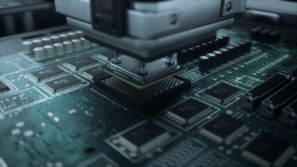 Fototapete - Industrial Robots Producing Circuit Boards on a Conveyor Belt, Implementing Microchips. PCB Printing and Prototyping Manufacture Concept with Digital Visualization with Information and Data Flow Lines