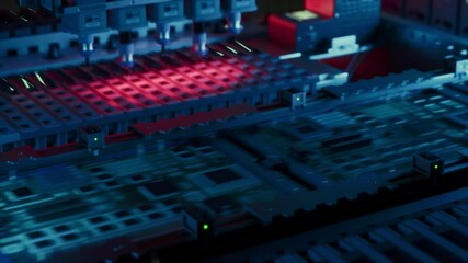 Poster - PCB Production Machine at Work: Printed Circuit Board Being Assembled with Automated Machinery, Surface Mounted Technology Connecting Microchips to the Motherboard. Industrial Macro Close Up Footage