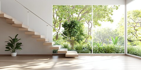 Poster - Bright and Airy Interior with Sunlight Streaming Through Windows onto a Modern Staircase in a Minimalist Home Environment