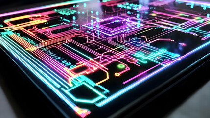 abstract illuminated circuit board design with neon colors