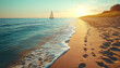 © NAJLA - Tranquil seascape sailboat at sunset sandy beach footprints