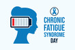 © betka82 - Chronic Fatigue Syndrome Day poster vector illustration. Female head and low battery symbol. ME/CFS blue awareness ribbon icon. Template for background, banner, card. May 12. Important day