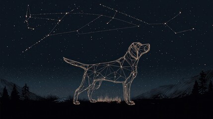 Wall Mural - a dog silhouette outlined by constellation lines in the night sky.