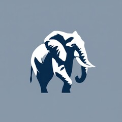 Fototapete - Monochromatic Majesty: Striking Minimalist Elephant Silhouette in Navy and White Against a Serene Gray Background 