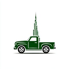 Poster - Symbolic Green Truck Delivering the Future: High-Rise Building Design on Wheels, Representing Innovation and Progress