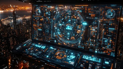 Futuristic cockpit display with city view