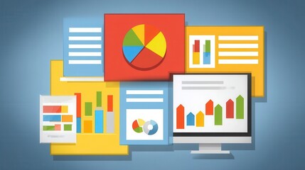 Colorful graphic representation of multiple data visualizations.