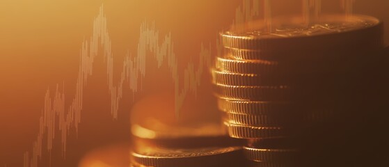 Fototapete - Coins stacked with financial chart overlay representing investment growth, money management, wealth accumulation, and economic trends for finance concepts.