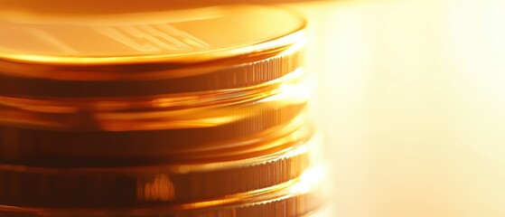 Fototapete - Coins stacked on table reflecting light, representing investment, finance, business growth, wealth management, and economic success in a financial market environment.