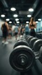 © Be i am - Close shot of a a dumbbell stand inside a gym full of people exercising, realistic faces, skins and outfits
