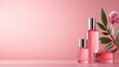© Freshpixel - This image features three stylish pink cosmetic bottles with shiny silver caps, accompanied by a delicate flower on a vibrant pink background, representing beauty and elegance.