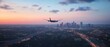 © felix_brönnimann - Airplane flying over city skyline at sunset with dark clouds, urban landscape, travel destination, transportation, aerial view, evening scenery, adventure.