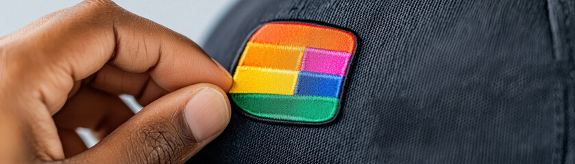 hand touches cap with colorful rainbow patch symbolizing lgbtq pride month