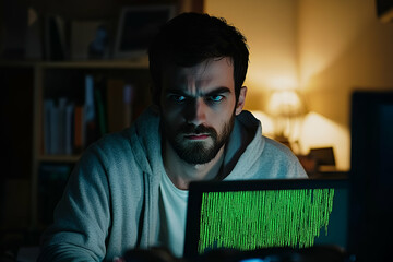 focused man coding on laptop at night