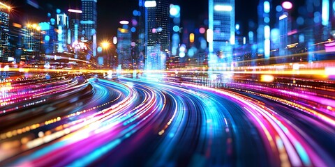 Poster - Abstract futuristic cityscape with vibrant neon lights and glowing skyscrapers creating a high-tech digital environment in a visual representation of urban life