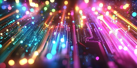 Aufkleber - Abstract colorful data visualization with glowing lines, bars, and dots representing digital growth, technology, and analytics on a dark background