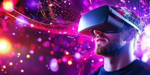 Poster - Man in Virtual Reality Headset Surrounded by Colorful Swirling Lights and Digital Effects Representing Immersive Technology Experience